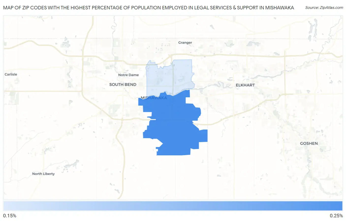Zip Codes with the Highest Percentage of Population Employed in Legal Services & Support in Mishawaka Map