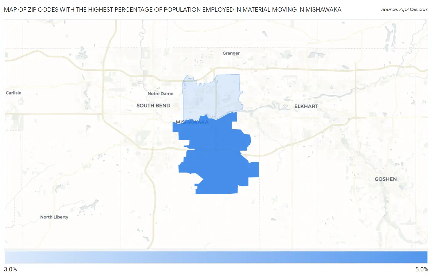 Zip Codes with the Highest Percentage of Population Employed in Material Moving in Mishawaka Map