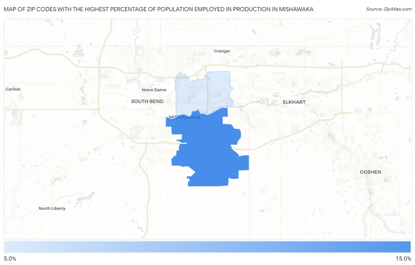 Zip Codes with the Highest Percentage of Population Employed in Production in Mishawaka Map