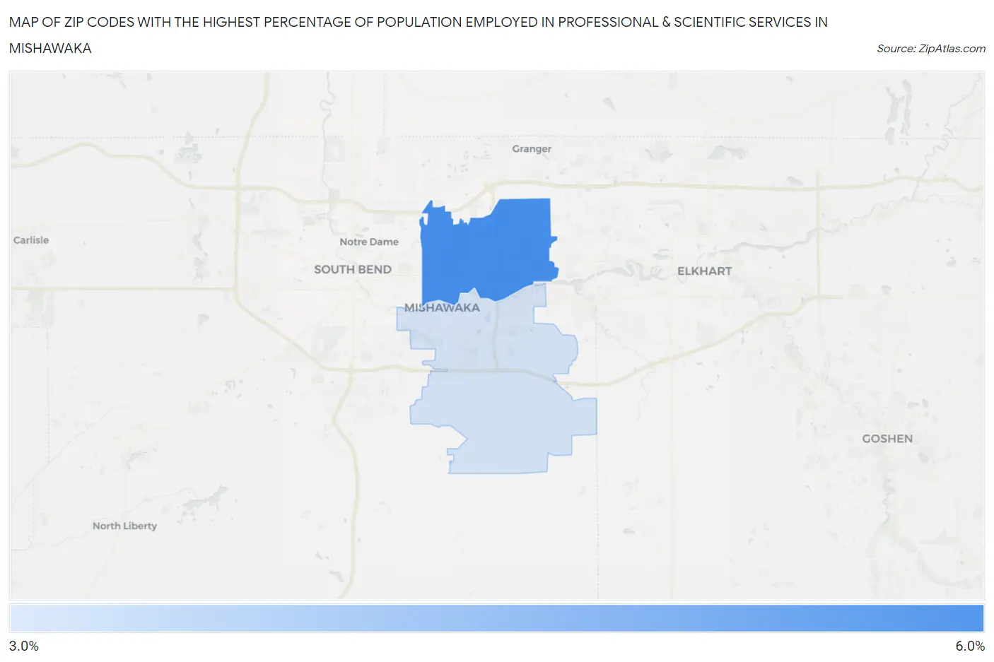 Zip Codes with the Highest Percentage of Population Employed in Professional & Scientific Services in Mishawaka Map