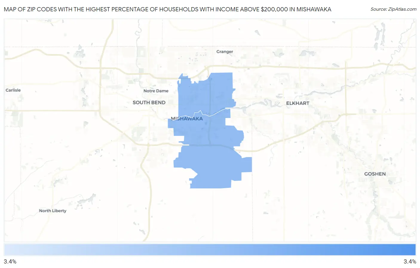 Zip Codes with the Highest Percentage of Households with Income Above $200,000 in Mishawaka Map