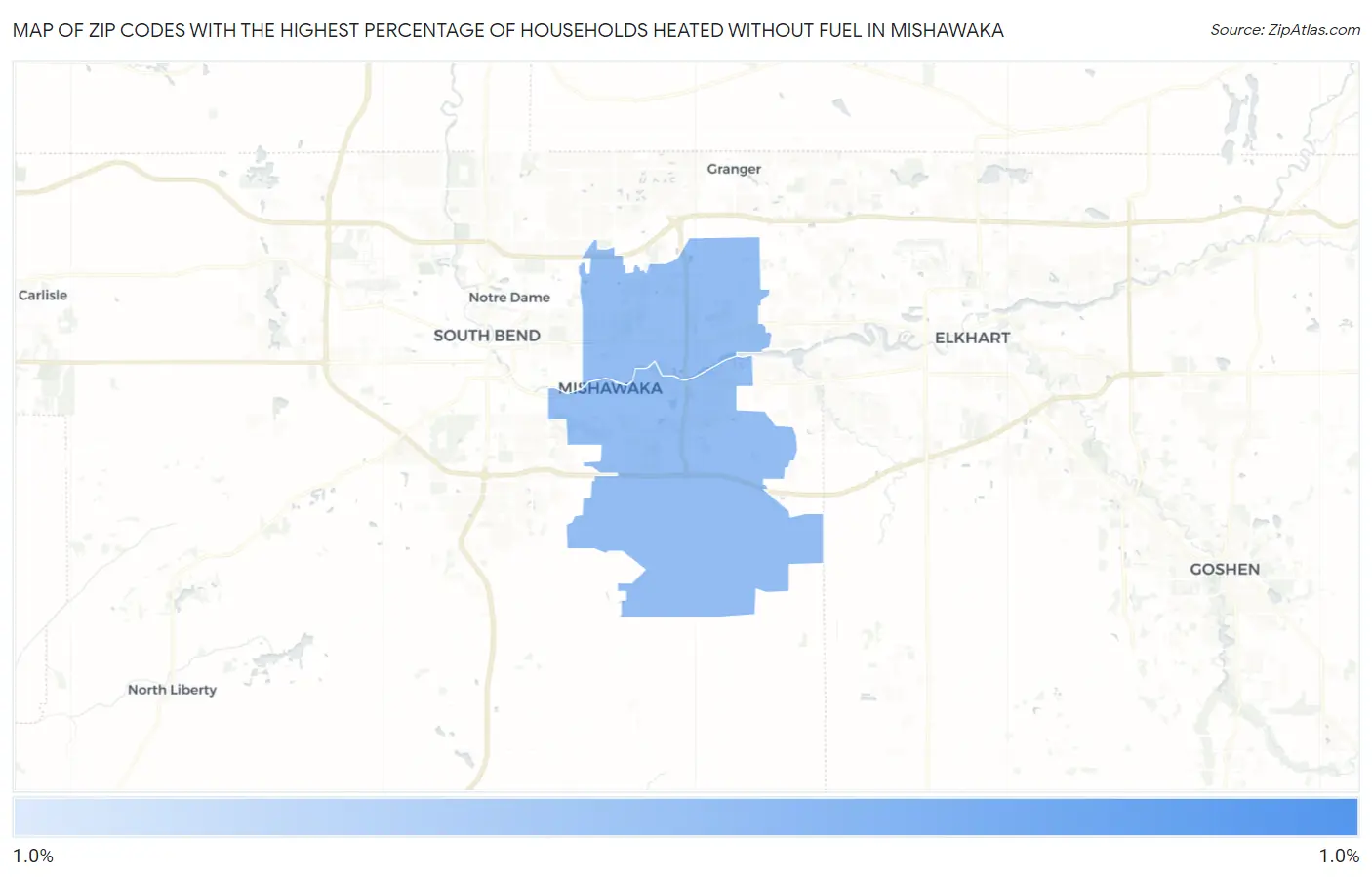 Zip Codes with the Highest Percentage of Households Heated without Fuel in Mishawaka Map