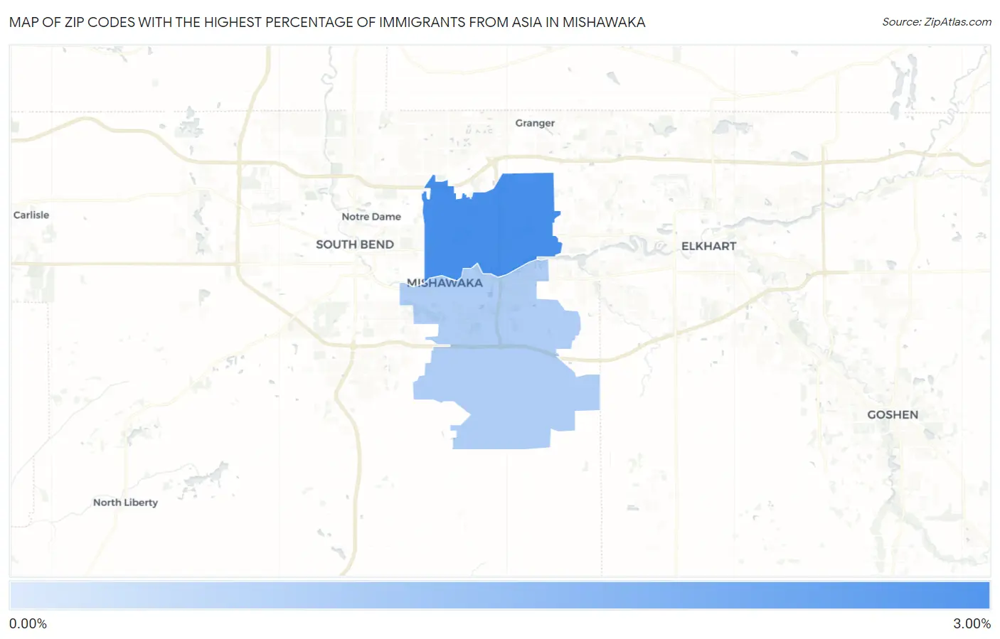 Zip Codes with the Highest Percentage of Immigrants from Asia in Mishawaka Map