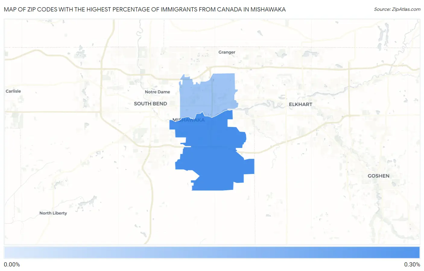 Zip Codes with the Highest Percentage of Immigrants from Canada in Mishawaka Map