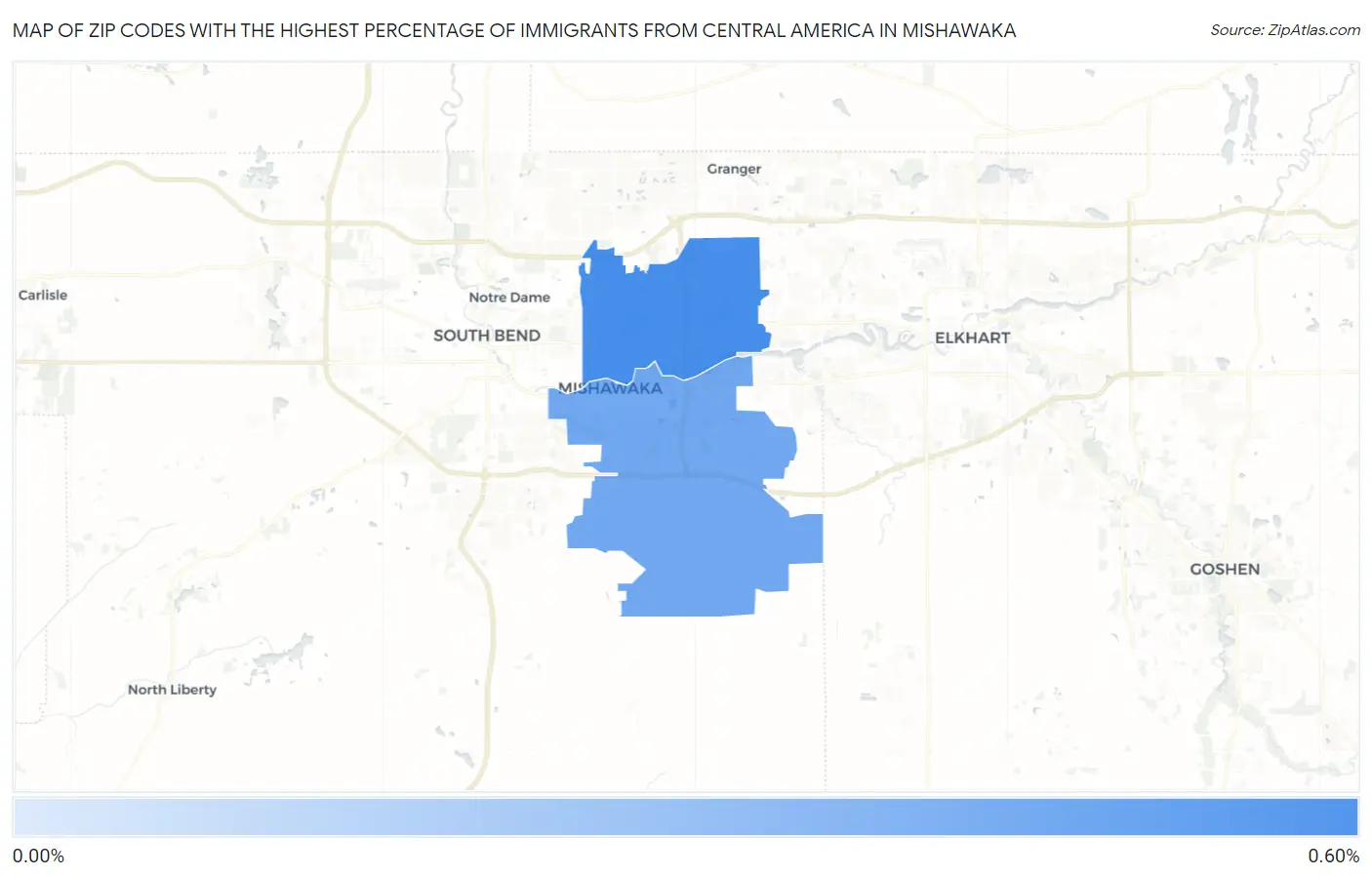 Zip Codes with the Highest Percentage of Immigrants from Central America in Mishawaka Map