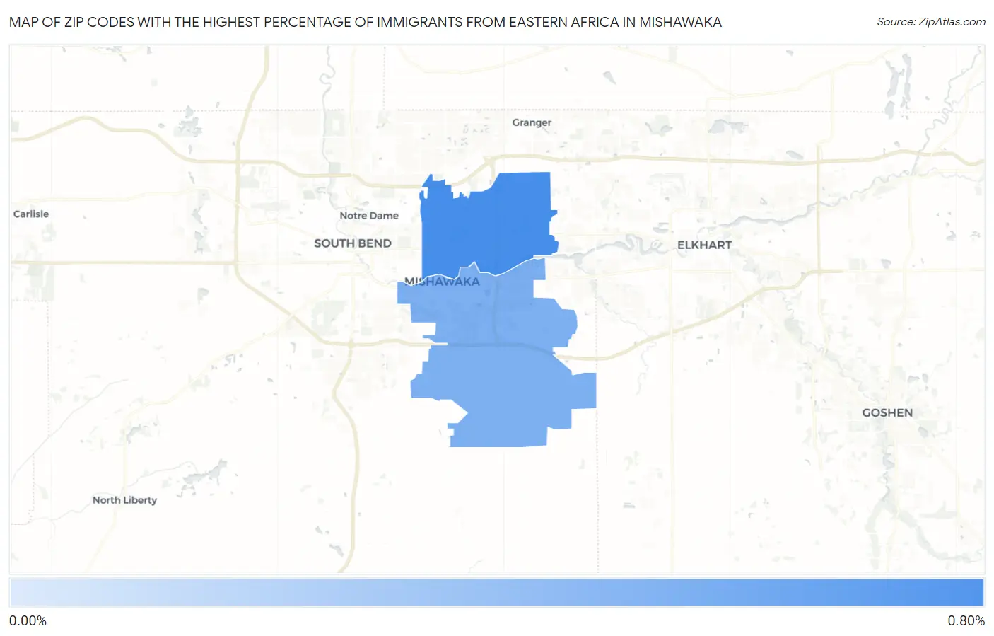 Zip Codes with the Highest Percentage of Immigrants from Eastern Africa in Mishawaka Map