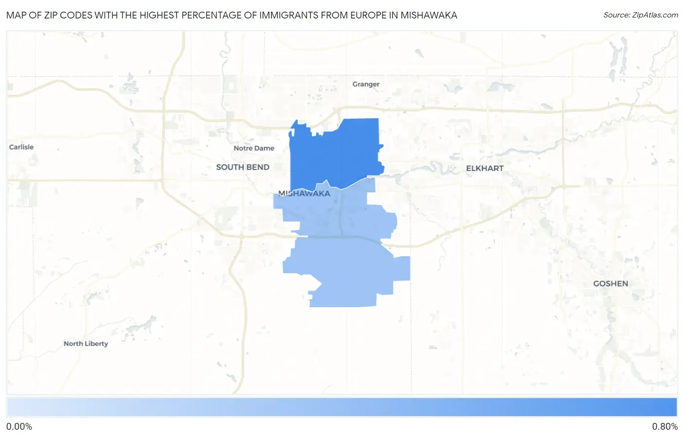 Zip Codes with the Highest Percentage of Immigrants from Europe in Mishawaka Map