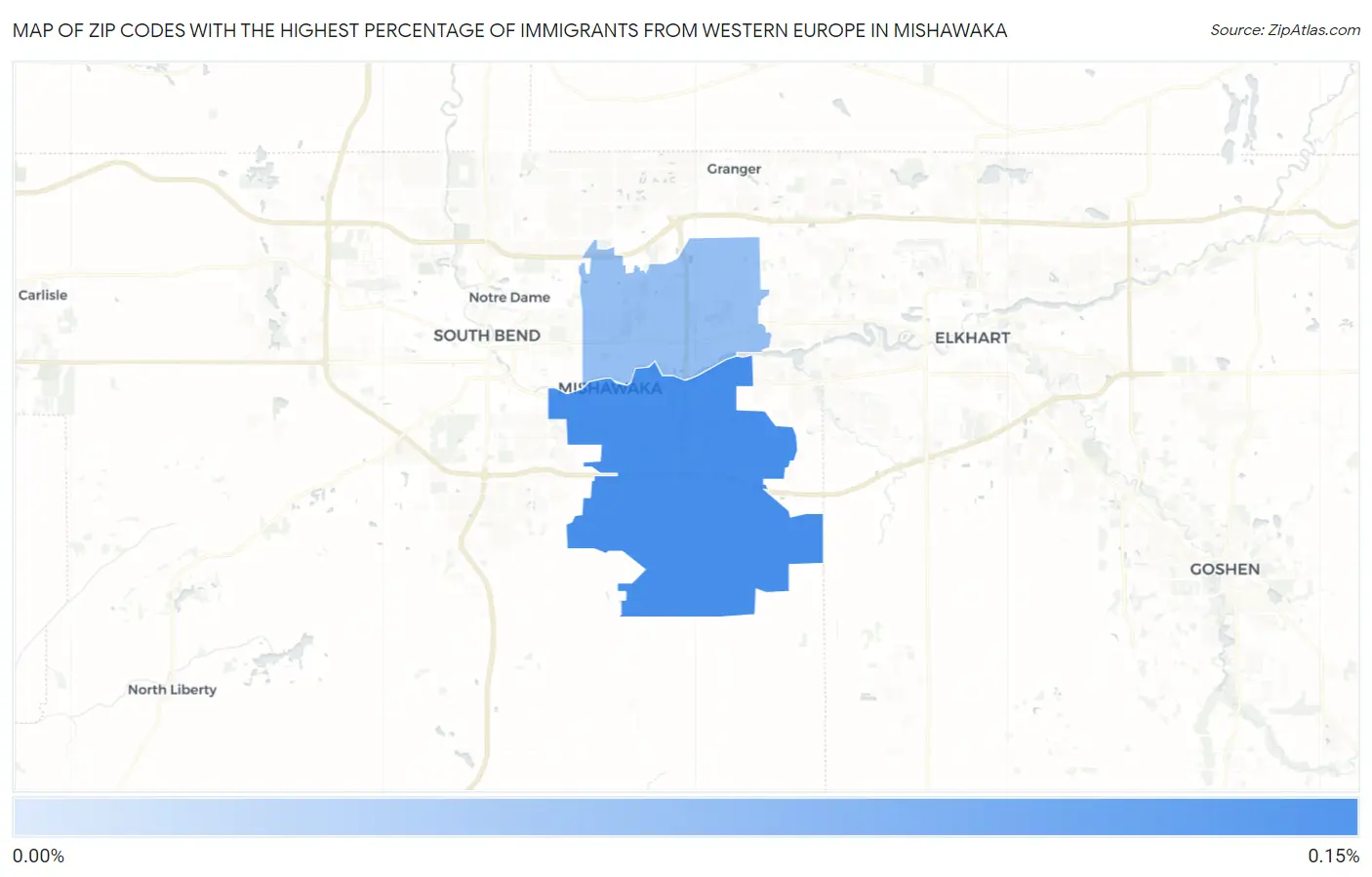 Zip Codes with the Highest Percentage of Immigrants from Western Europe in Mishawaka Map