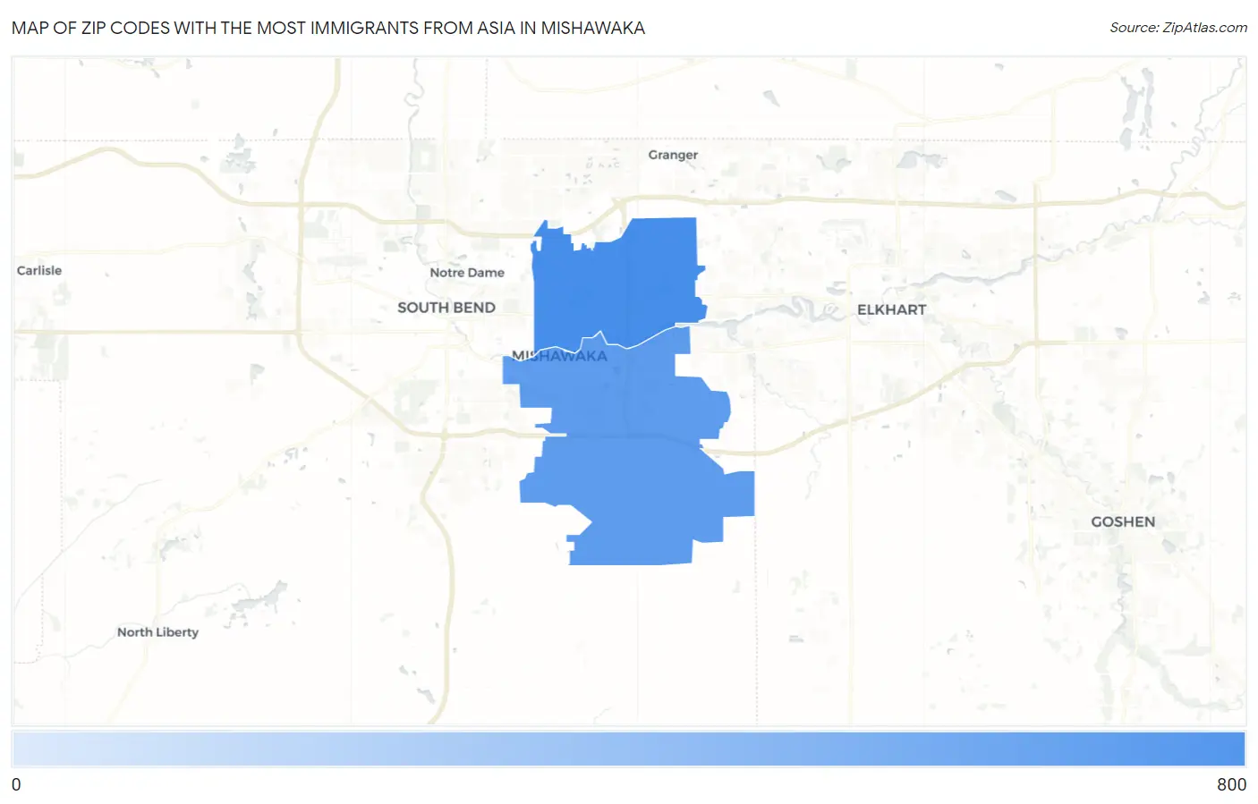 Zip Codes with the Most Immigrants from Asia in Mishawaka Map