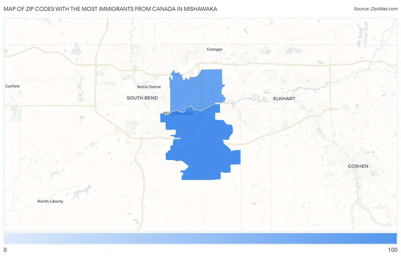Zip Codes with the Most Immigrants from Canada in Mishawaka Map