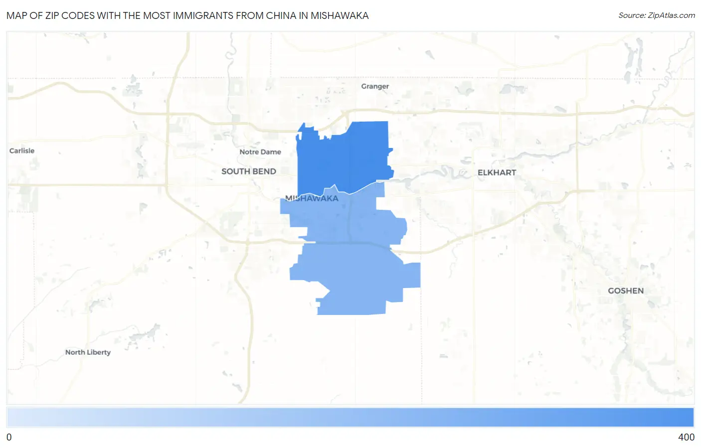Zip Codes with the Most Immigrants from China in Mishawaka Map
