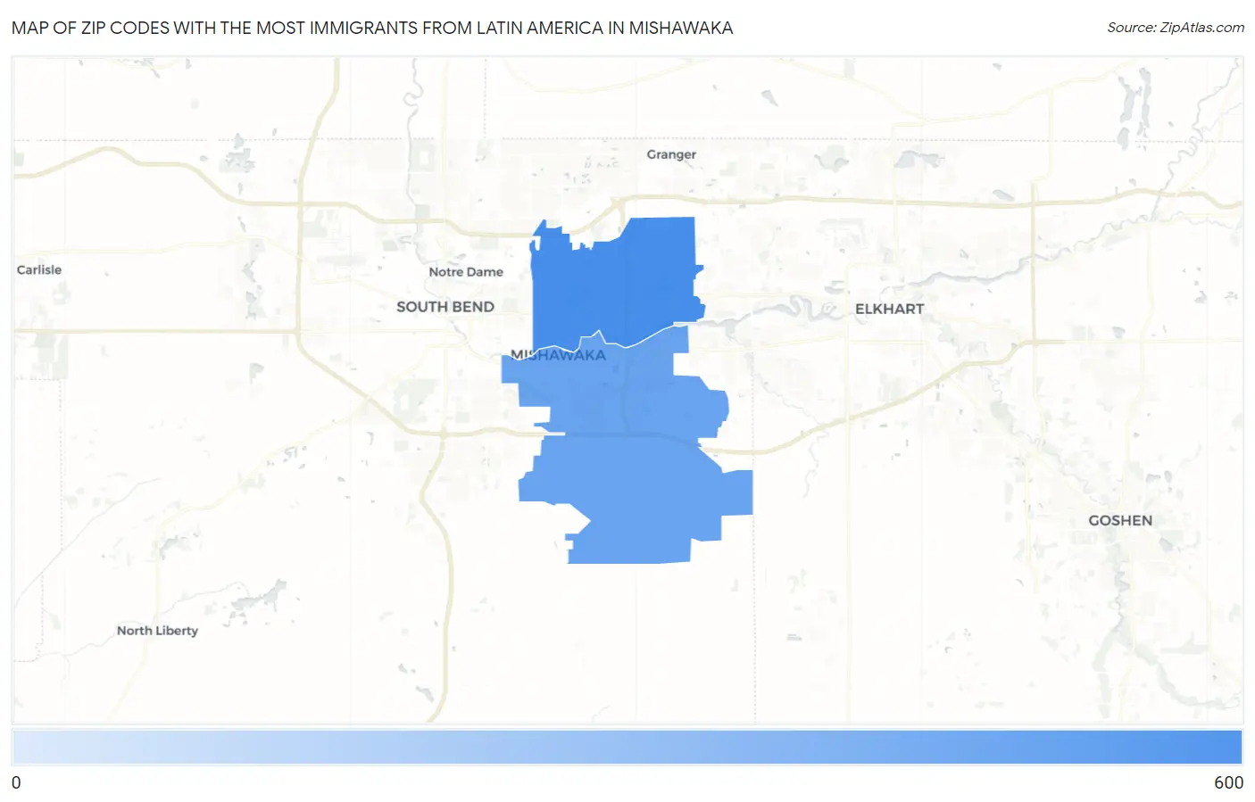 Zip Codes with the Most Immigrants from Latin America in Mishawaka Map