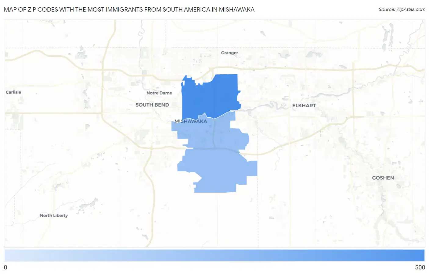 Zip Codes with the Most Immigrants from South America in Mishawaka Map