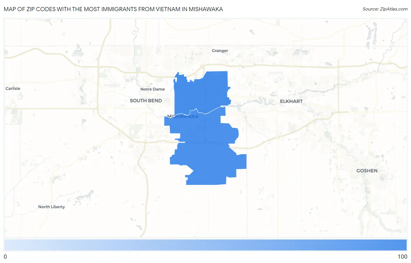 Zip Codes with the Most Immigrants from Vietnam in Mishawaka Map