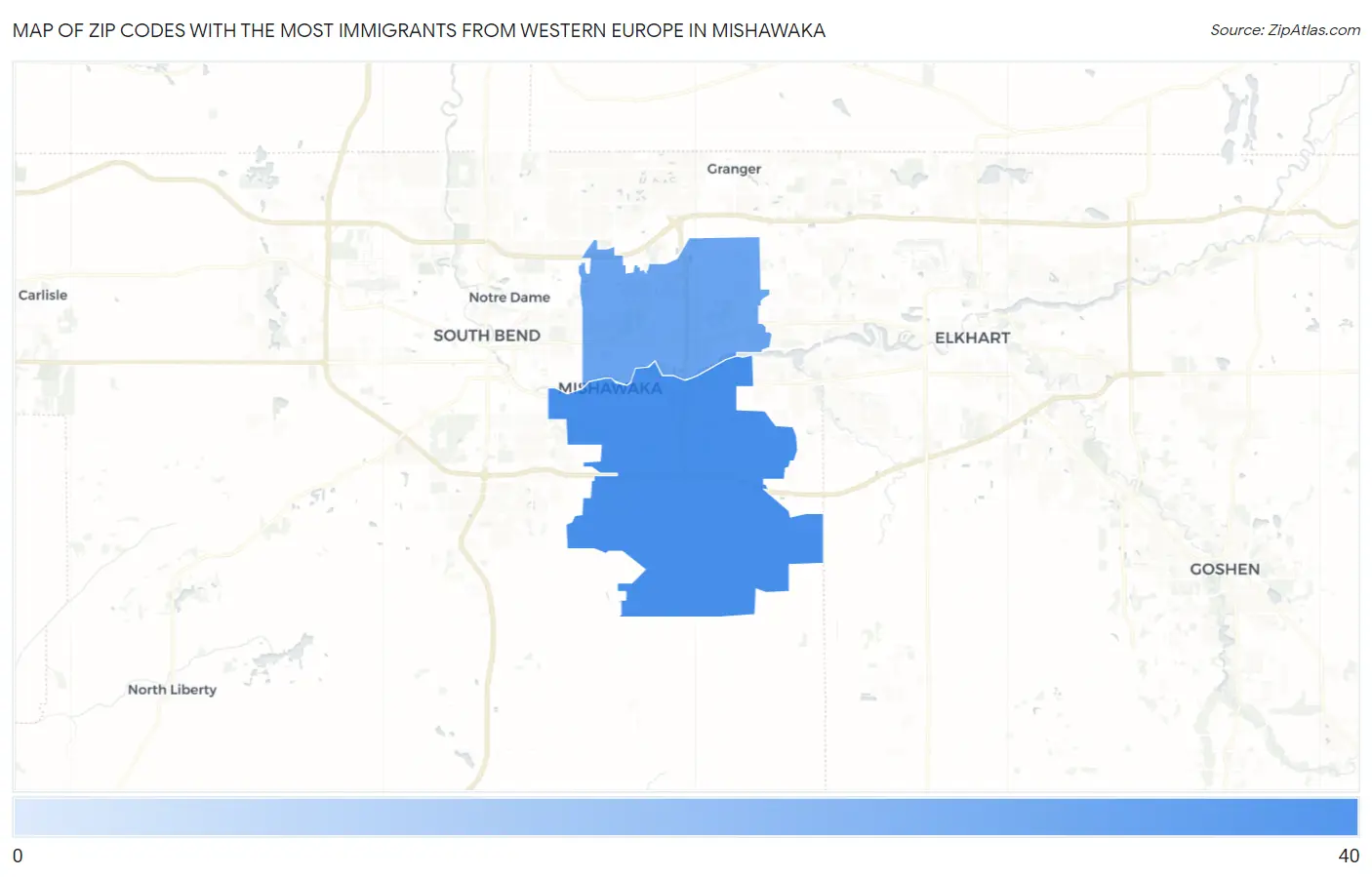 Zip Codes with the Most Immigrants from Western Europe in Mishawaka Map