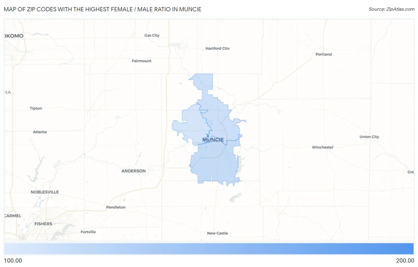 Zip Codes with the Highest Female / Male Ratio in Muncie Map