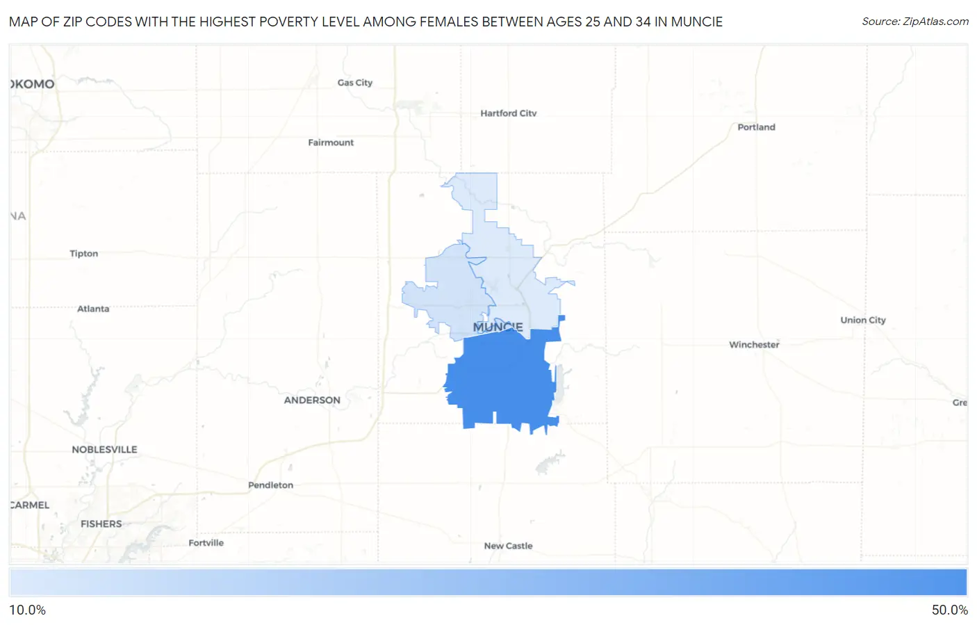 Zip Codes with the Highest Poverty Level Among Females Between Ages 25 and 34 in Muncie Map