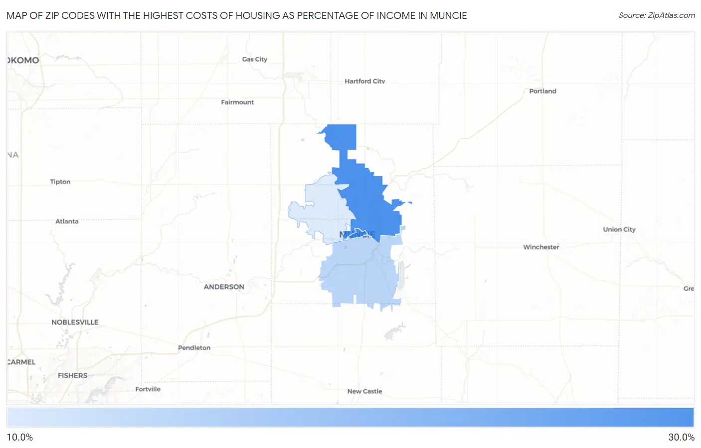 Zip Codes with the Highest Costs of Housing as Percentage of Income in Muncie Map