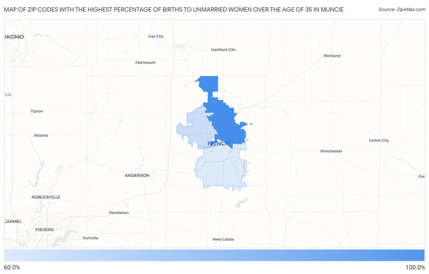 Zip Codes with the Highest Percentage of Births to Unmarried Women over the Age of 35 in Muncie Map