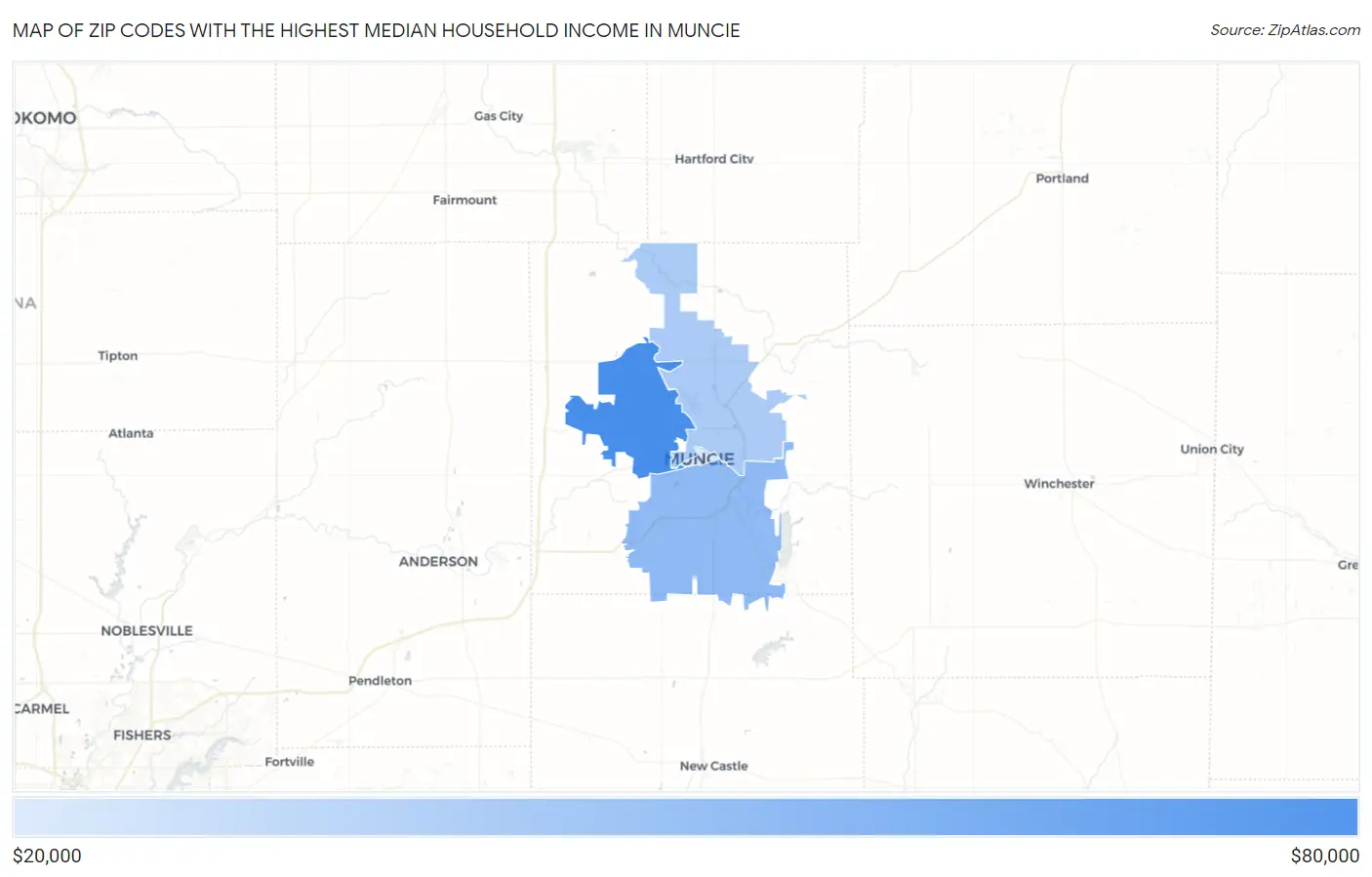 Zip Codes with the Highest Median Household Income in Muncie Map