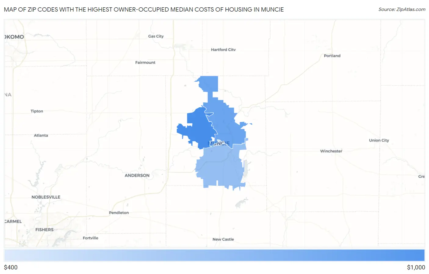 Zip Codes with the Highest Owner-Occupied Median Costs of Housing in Muncie Map