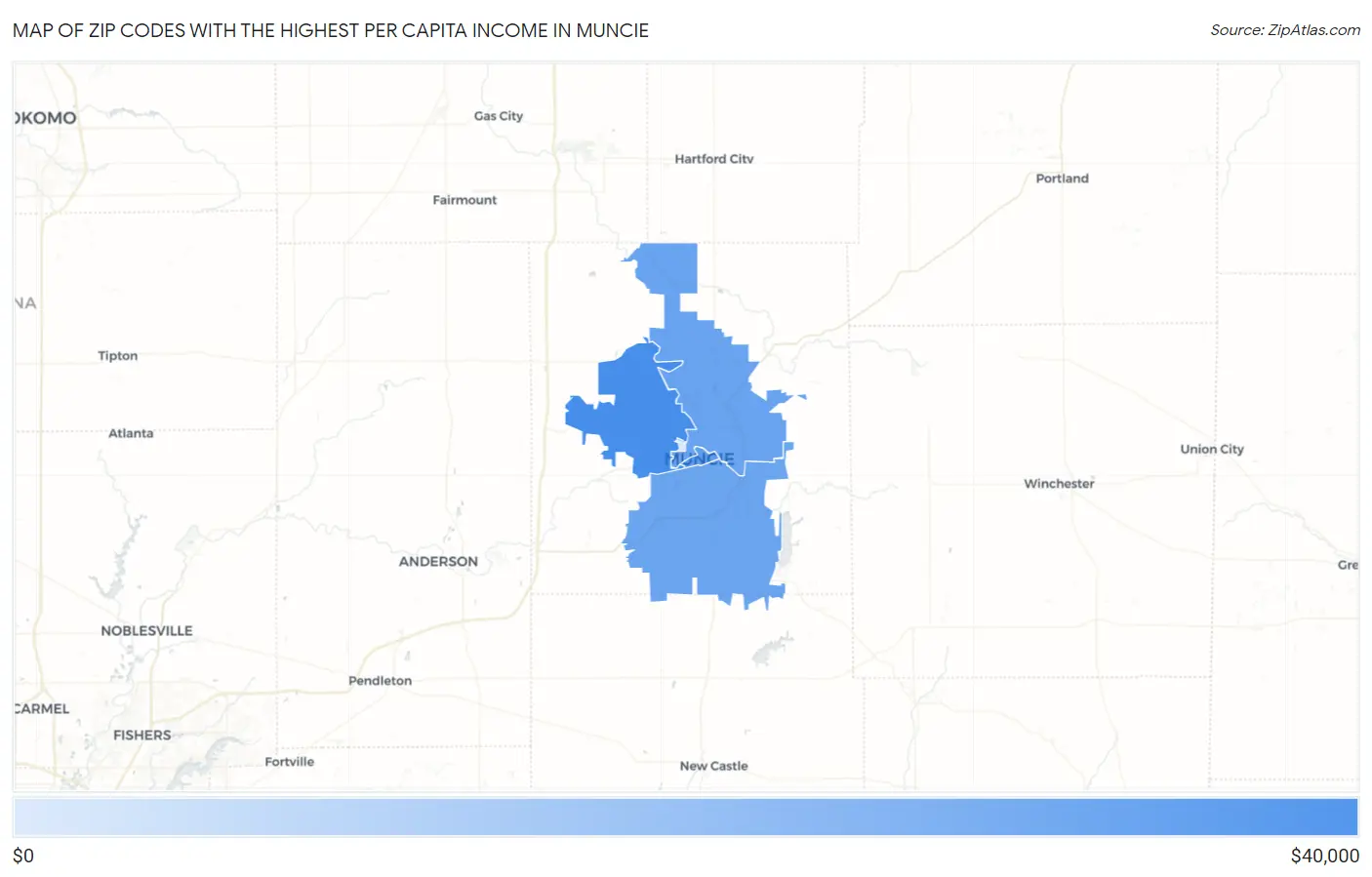 Zip Codes with the Highest Per Capita Income in Muncie Map