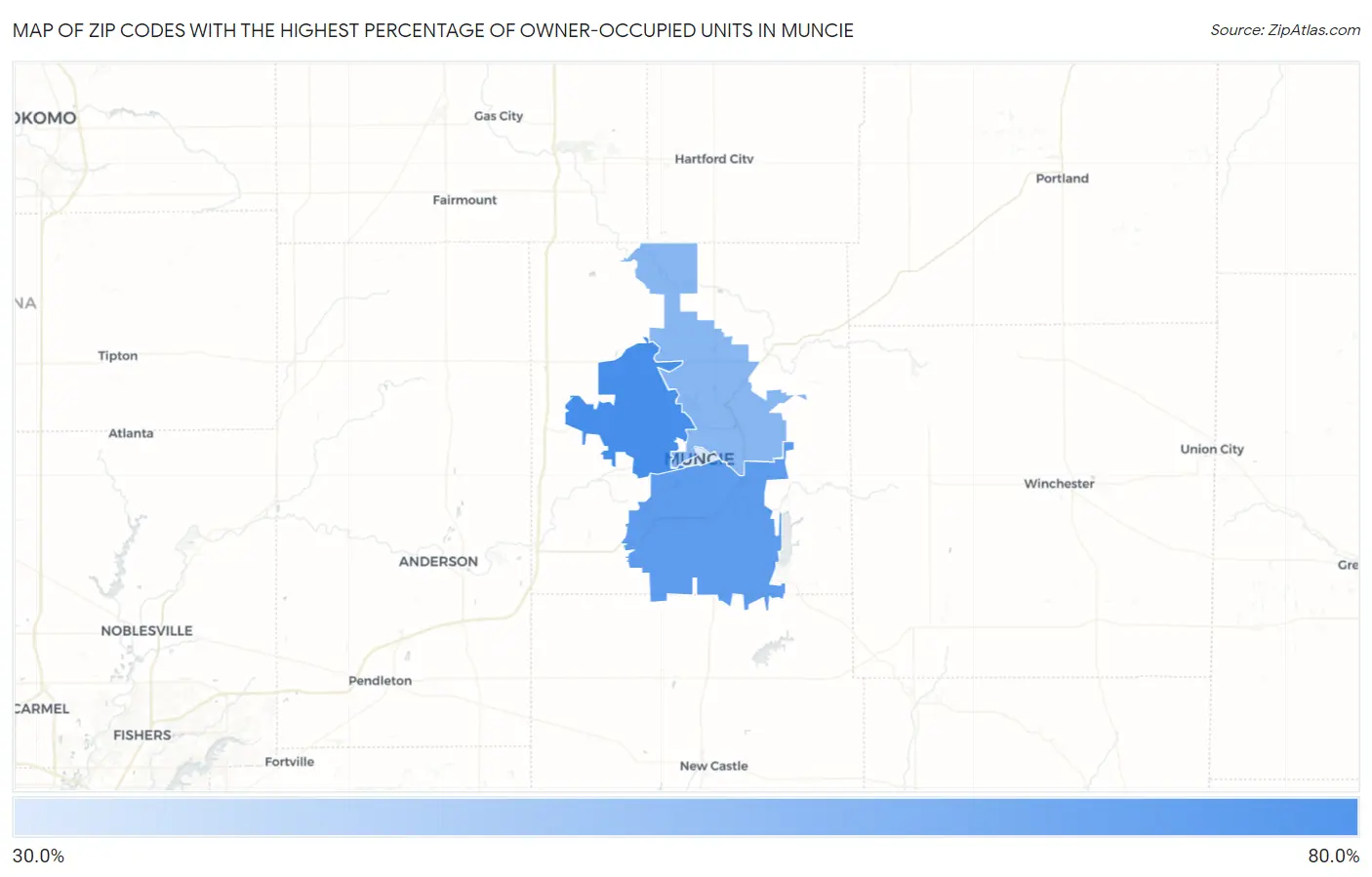 Zip Codes with the Highest Percentage of Owner-Occupied Units in Muncie Map