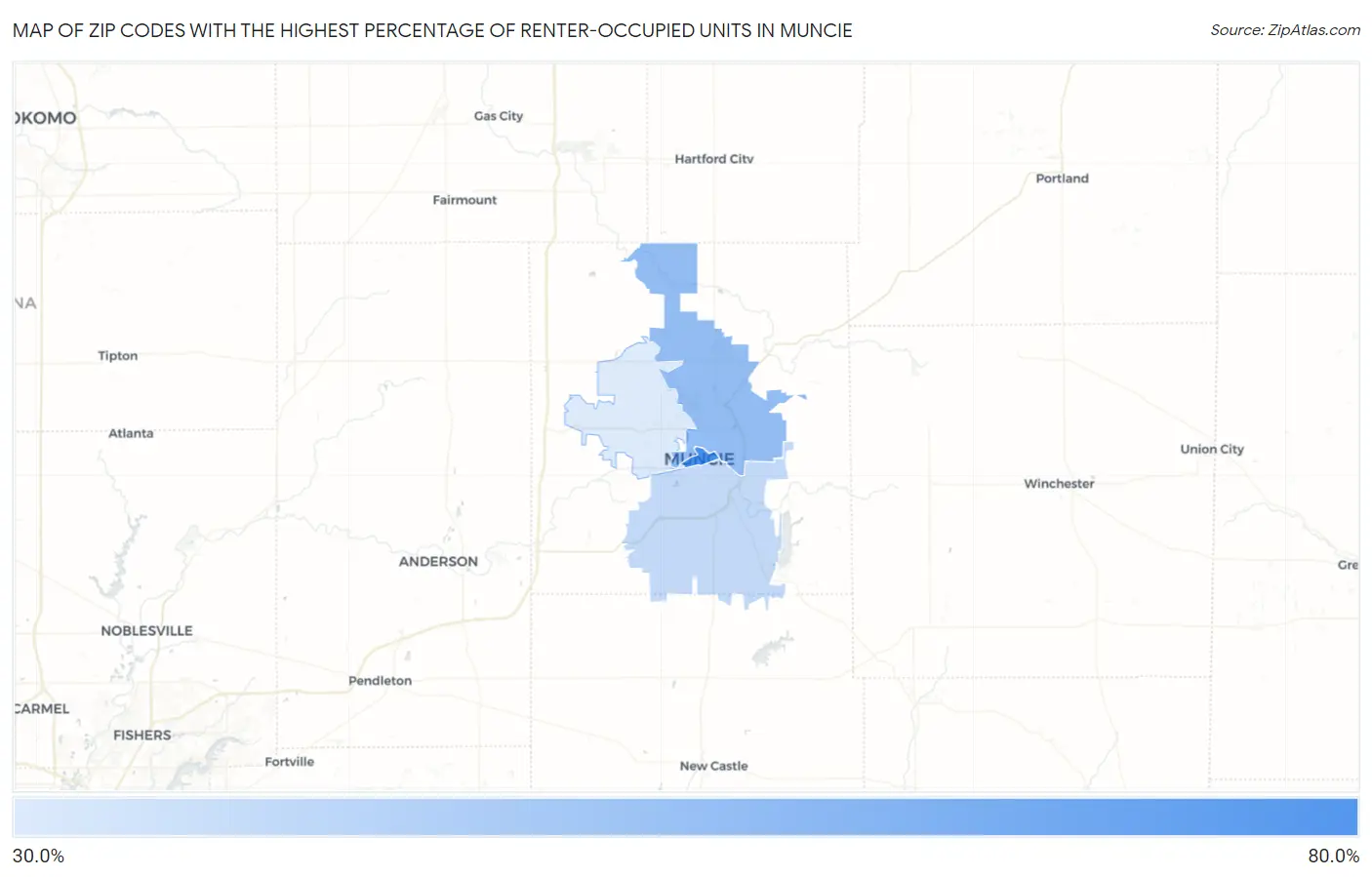 Zip Codes with the Highest Percentage of Renter-Occupied Units in Muncie Map