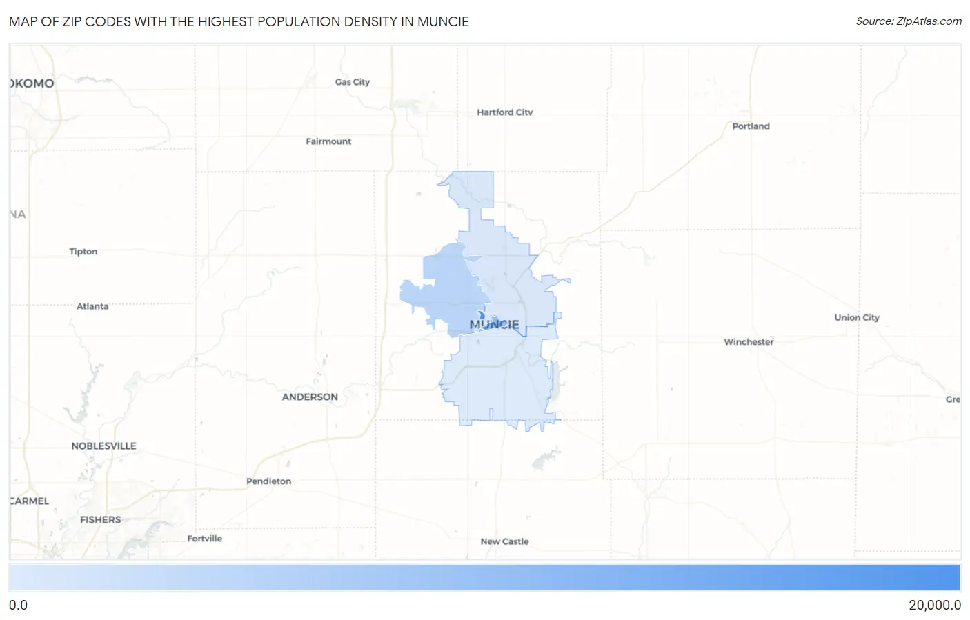 Zip Codes with the Highest Population Density in Muncie Map