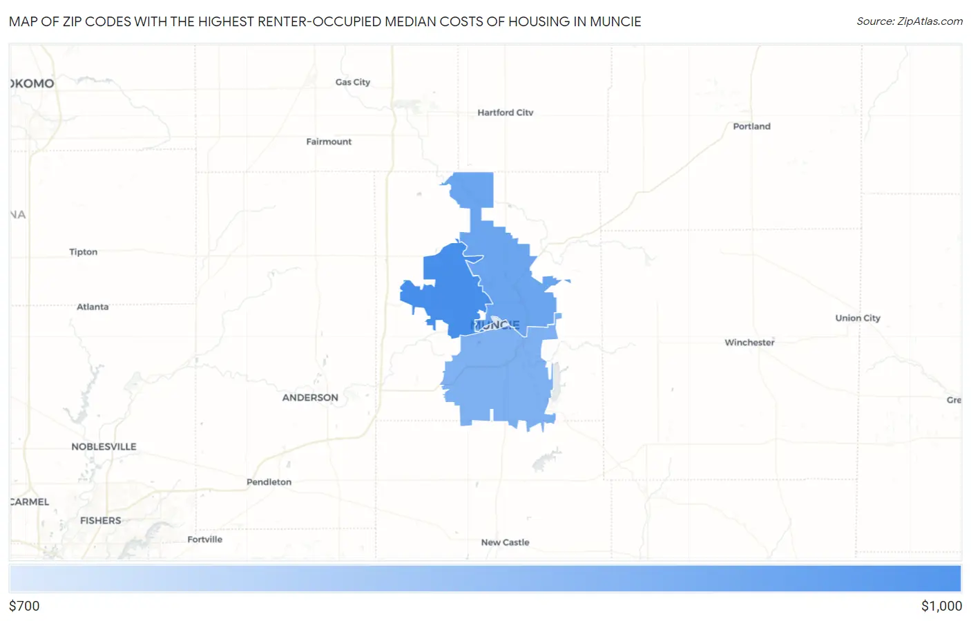 Zip Codes with the Highest Renter-Occupied Median Costs of Housing in Muncie Map