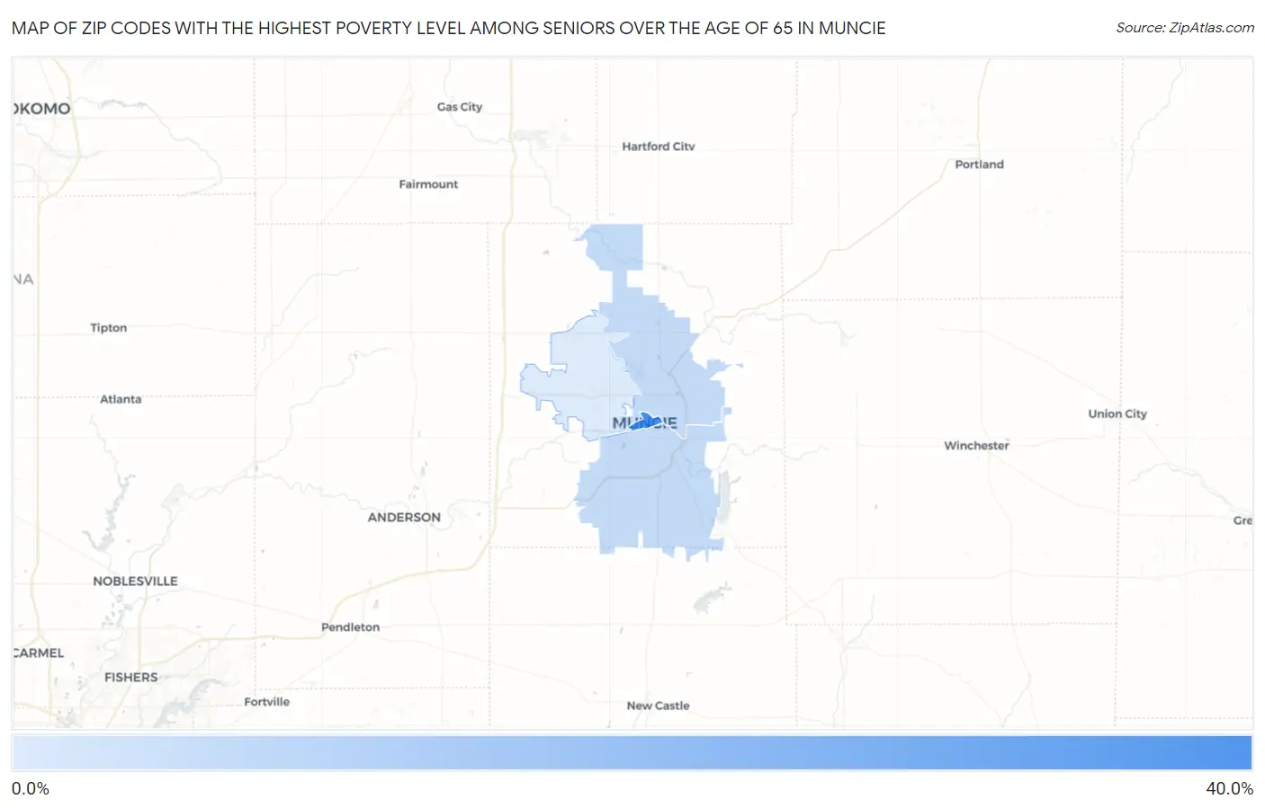 Zip Codes with the Highest Poverty Level Among Seniors Over the Age of 65 in Muncie Map