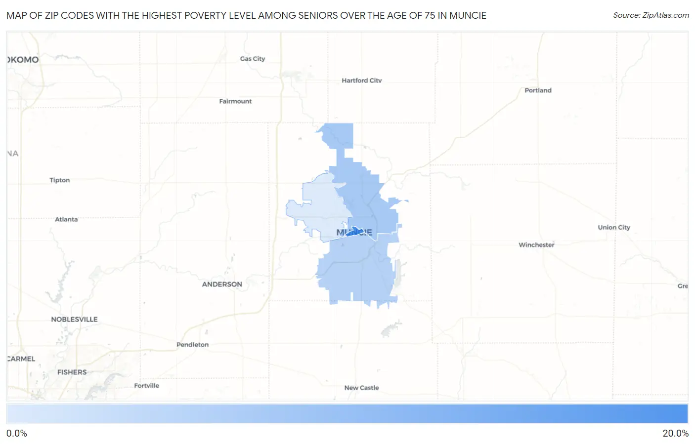 Zip Codes with the Highest Poverty Level Among Seniors Over the Age of 75 in Muncie Map