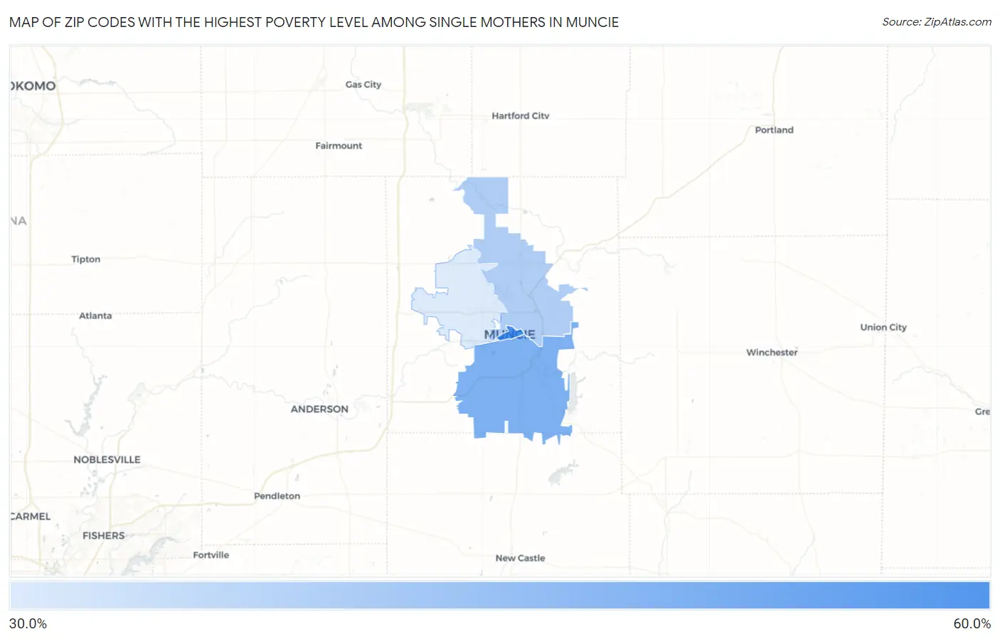 Zip Codes with the Highest Poverty Level Among Single Mothers in Muncie Map