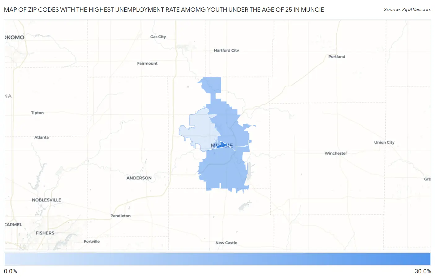 Zip Codes with the Highest Unemployment Rate Amomg Youth Under the Age of 25 in Muncie Map