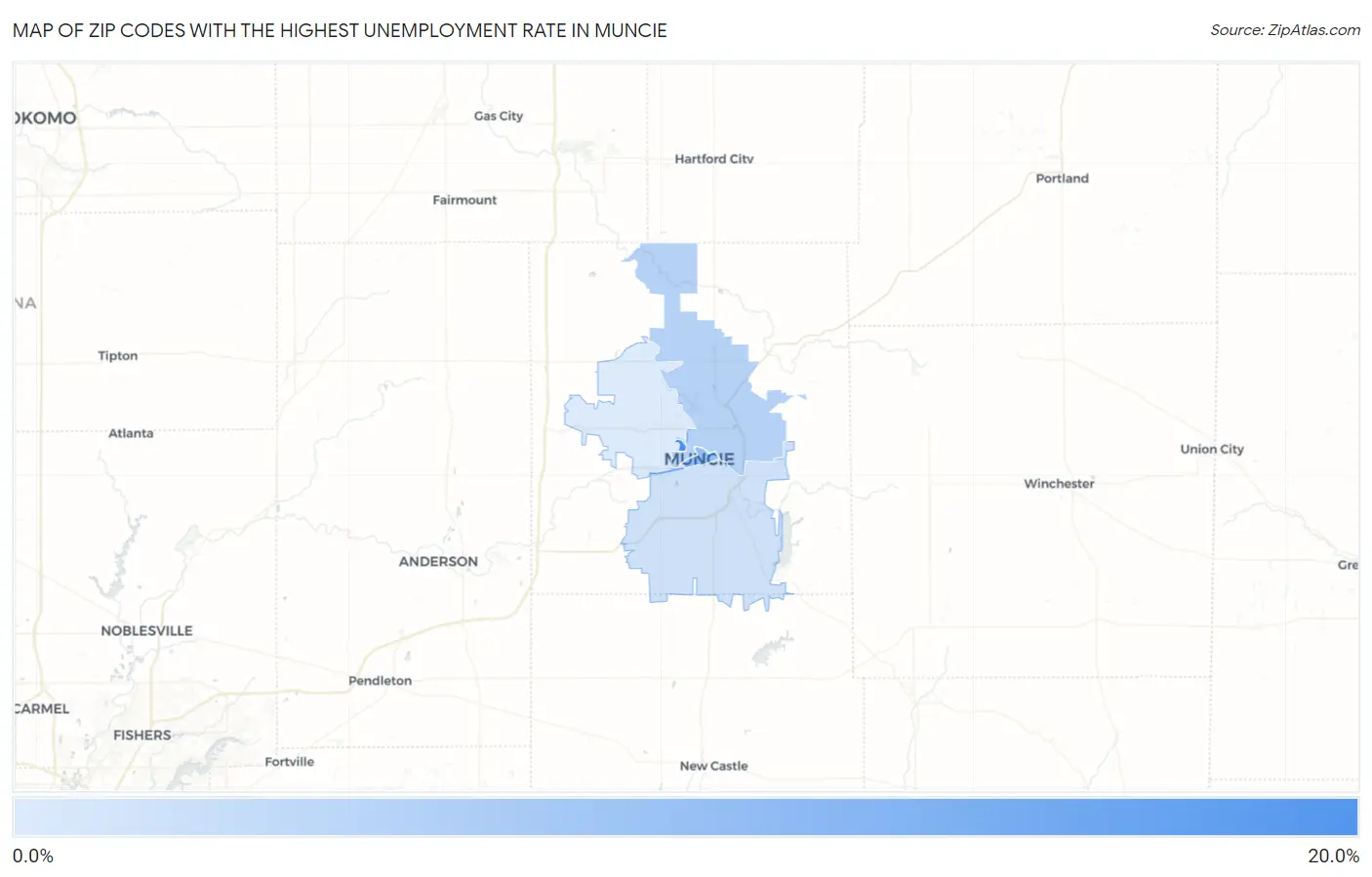 Zip Codes with the Highest Unemployment Rate in Muncie Map