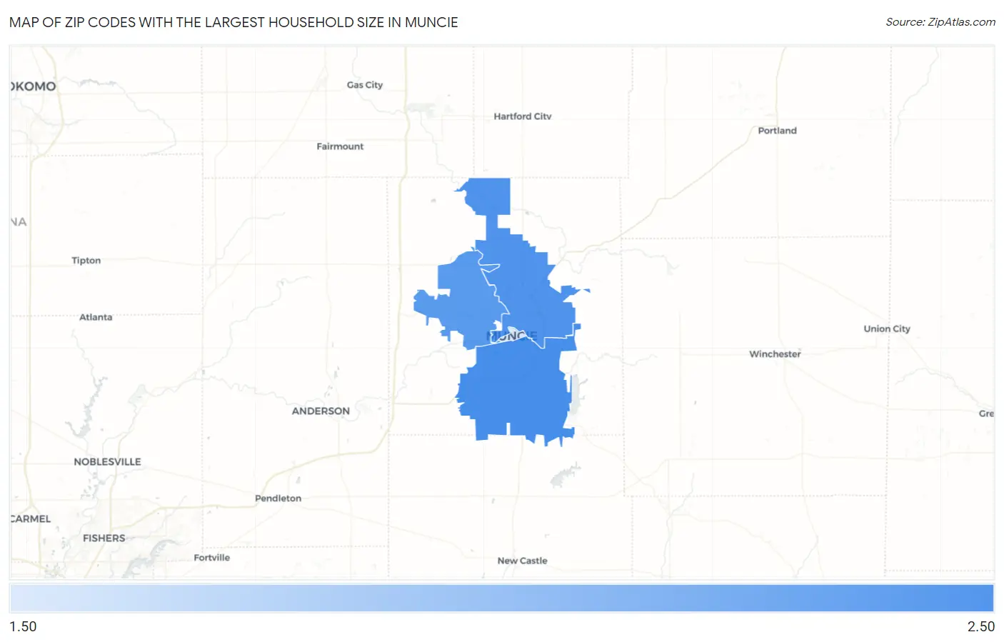 Zip Codes with the Largest Household Size in Muncie Map