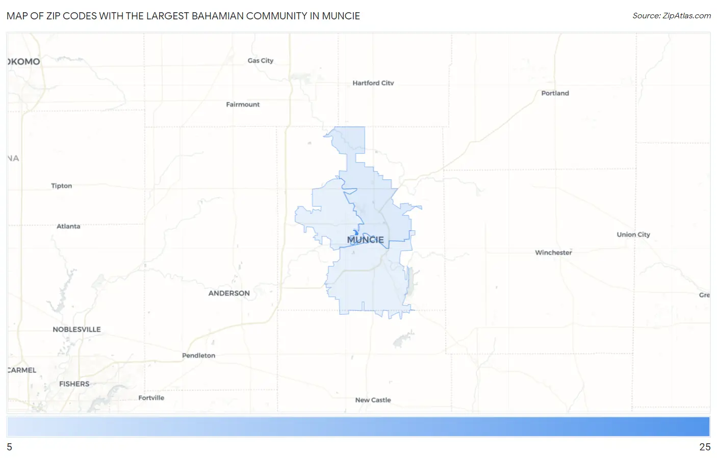 Zip Codes with the Largest Bahamian Community in Muncie Map