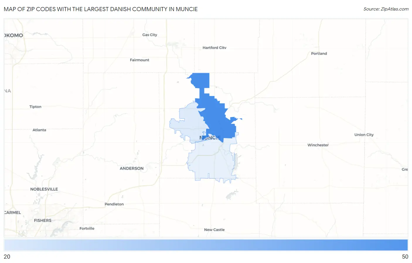 Zip Codes with the Largest Danish Community in Muncie Map