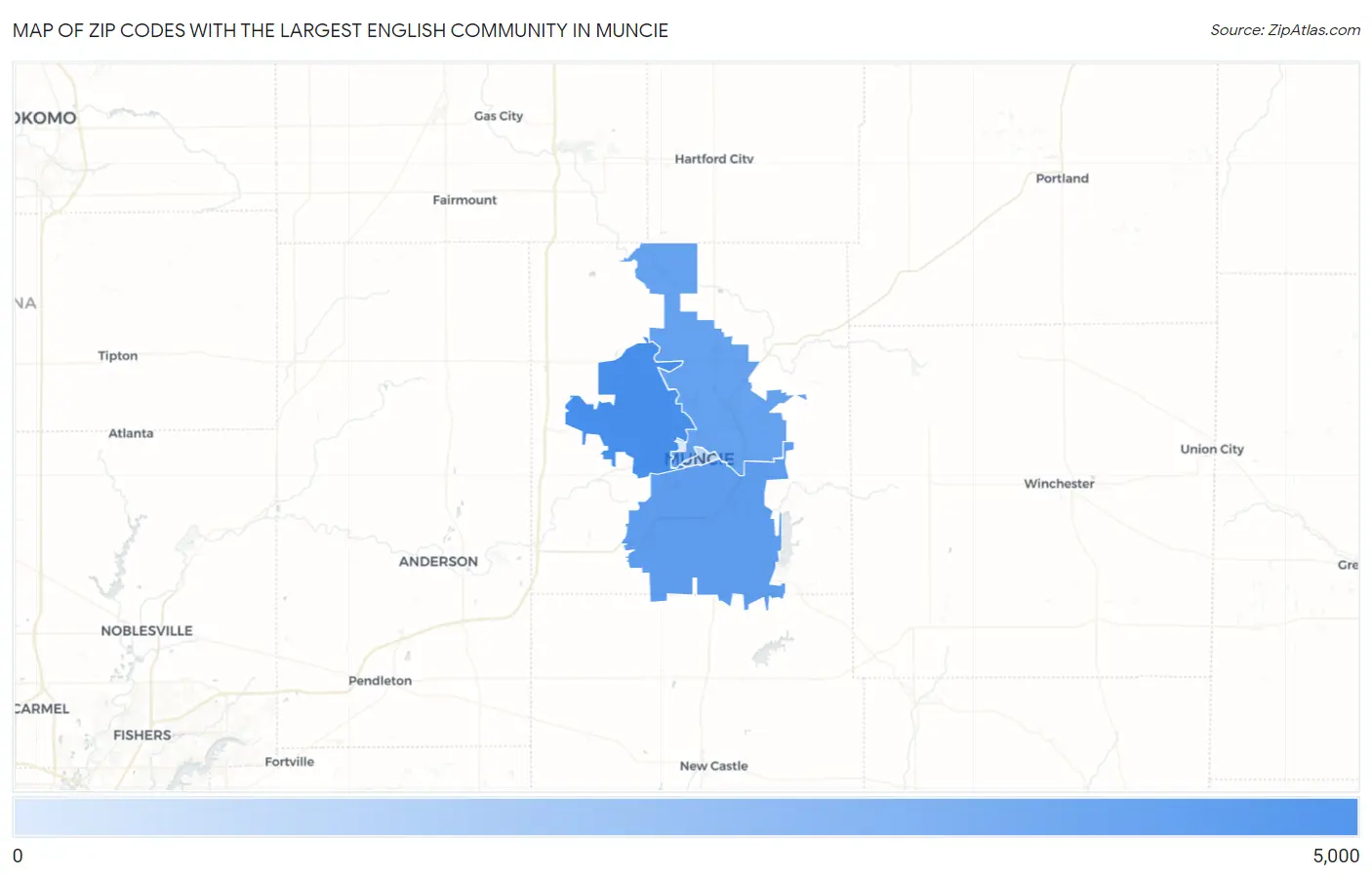 Zip Codes with the Largest English Community in Muncie Map