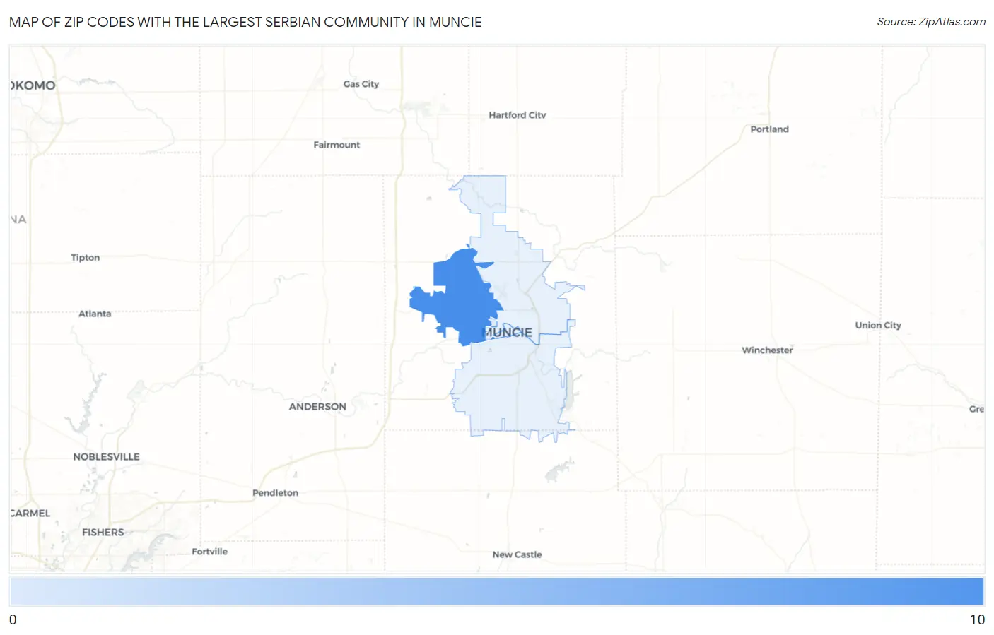 Zip Codes with the Largest Serbian Community in Muncie Map