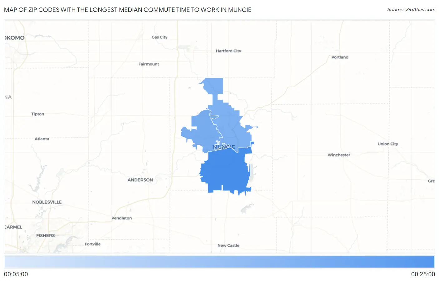 Zip Codes with the Longest Median Commute Time to Work in Muncie Map