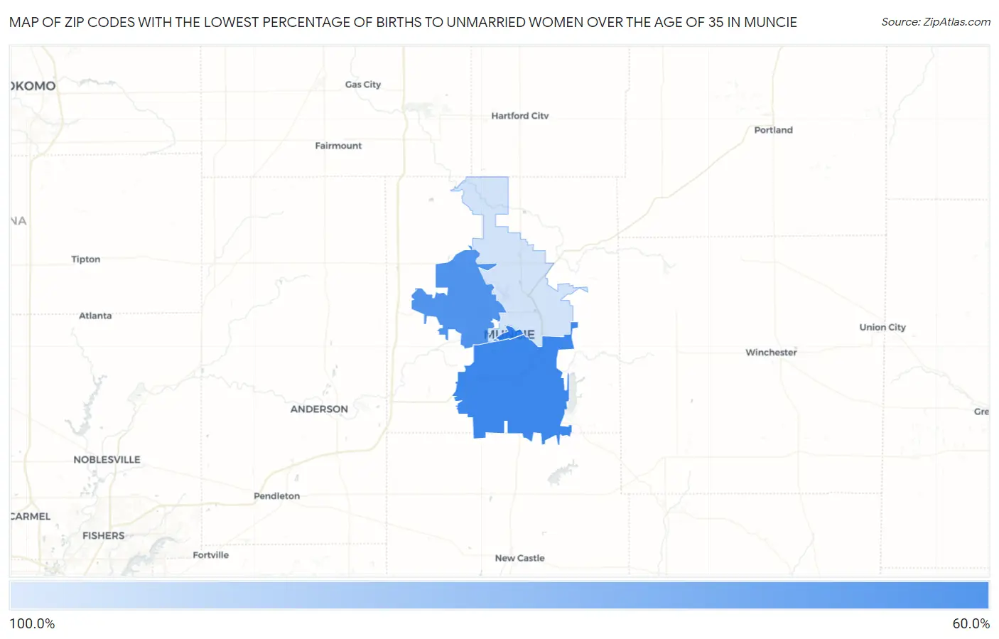 Zip Codes with the Lowest Percentage of Births to Unmarried Women over the Age of 35 in Muncie Map