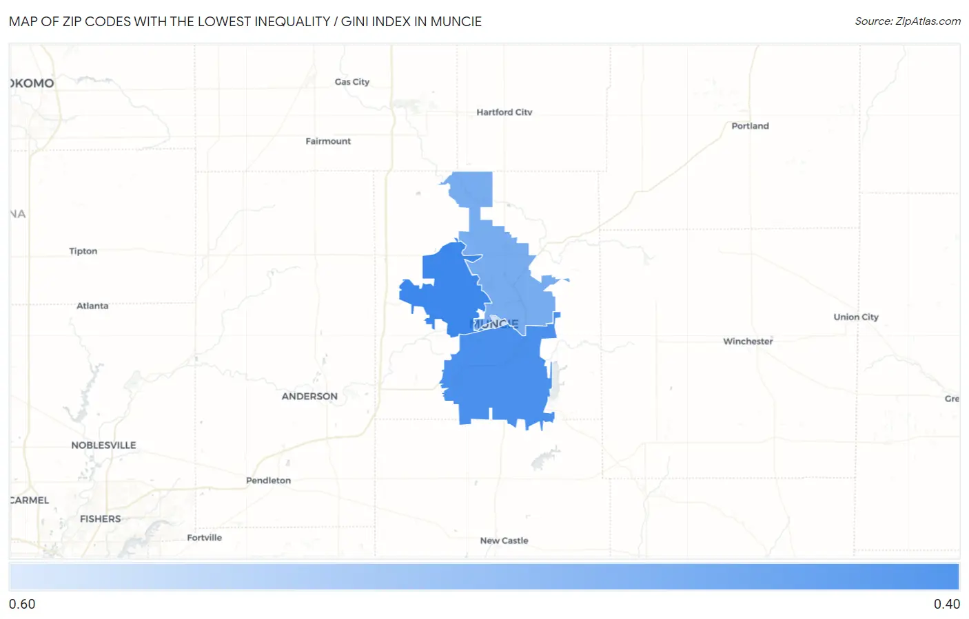 Zip Codes with the Lowest Inequality / Gini Index in Muncie Map