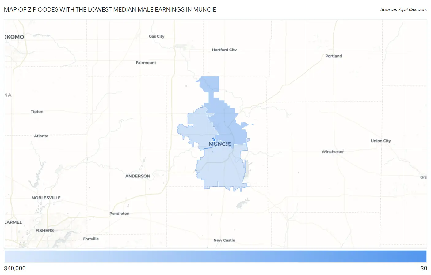 Zip Codes with the Lowest Median Male Earnings in Muncie Map