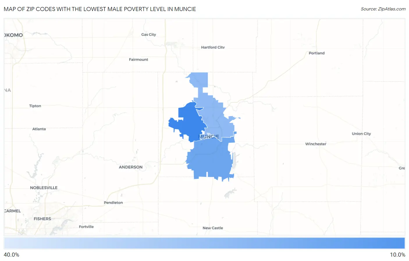 Zip Codes with the Lowest Male Poverty Level in Muncie Map