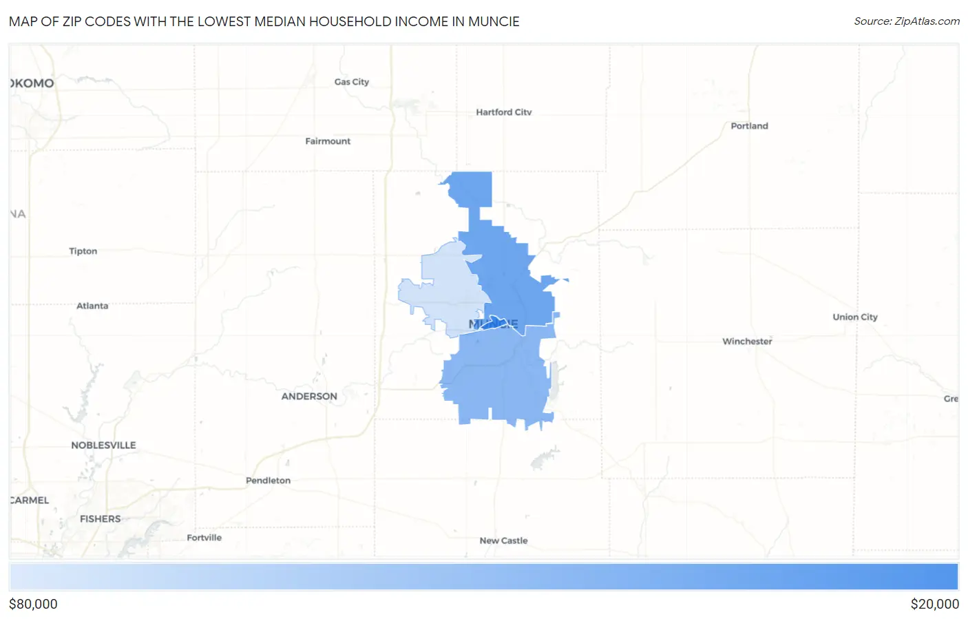 Zip Codes with the Lowest Median Household Income in Muncie Map