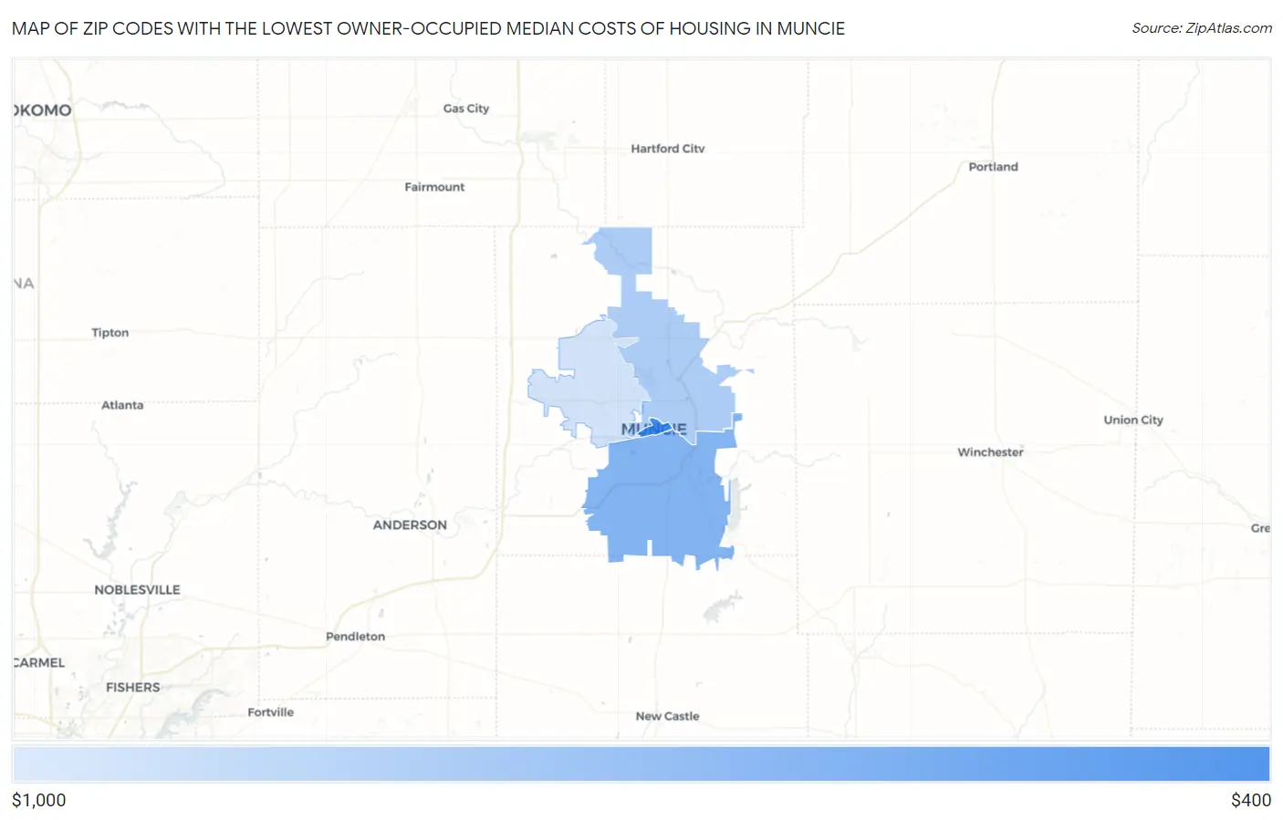 Zip Codes with the Lowest Owner-Occupied Median Costs of Housing in Muncie Map