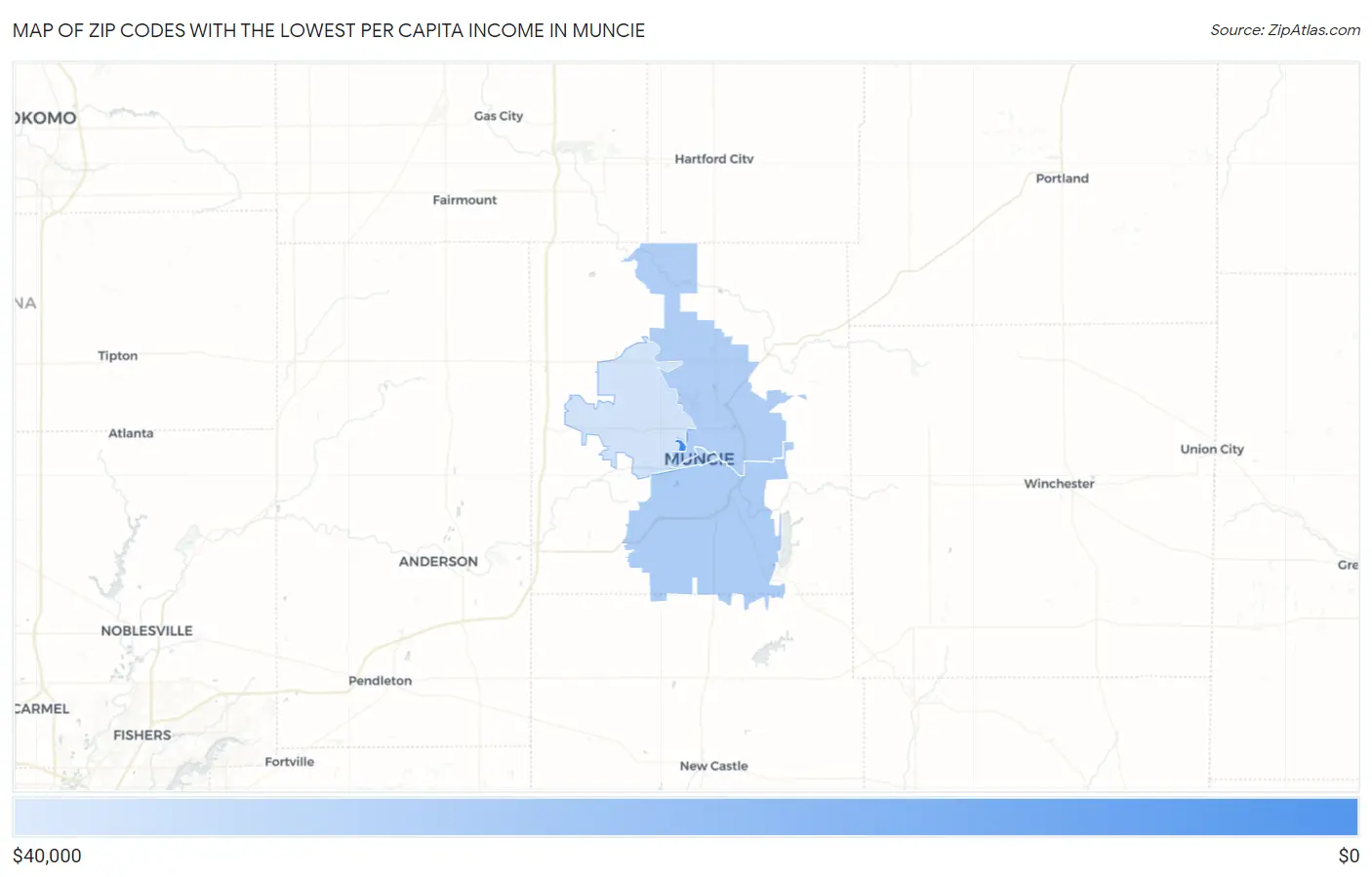 Zip Codes with the Lowest Per Capita Income in Muncie Map
