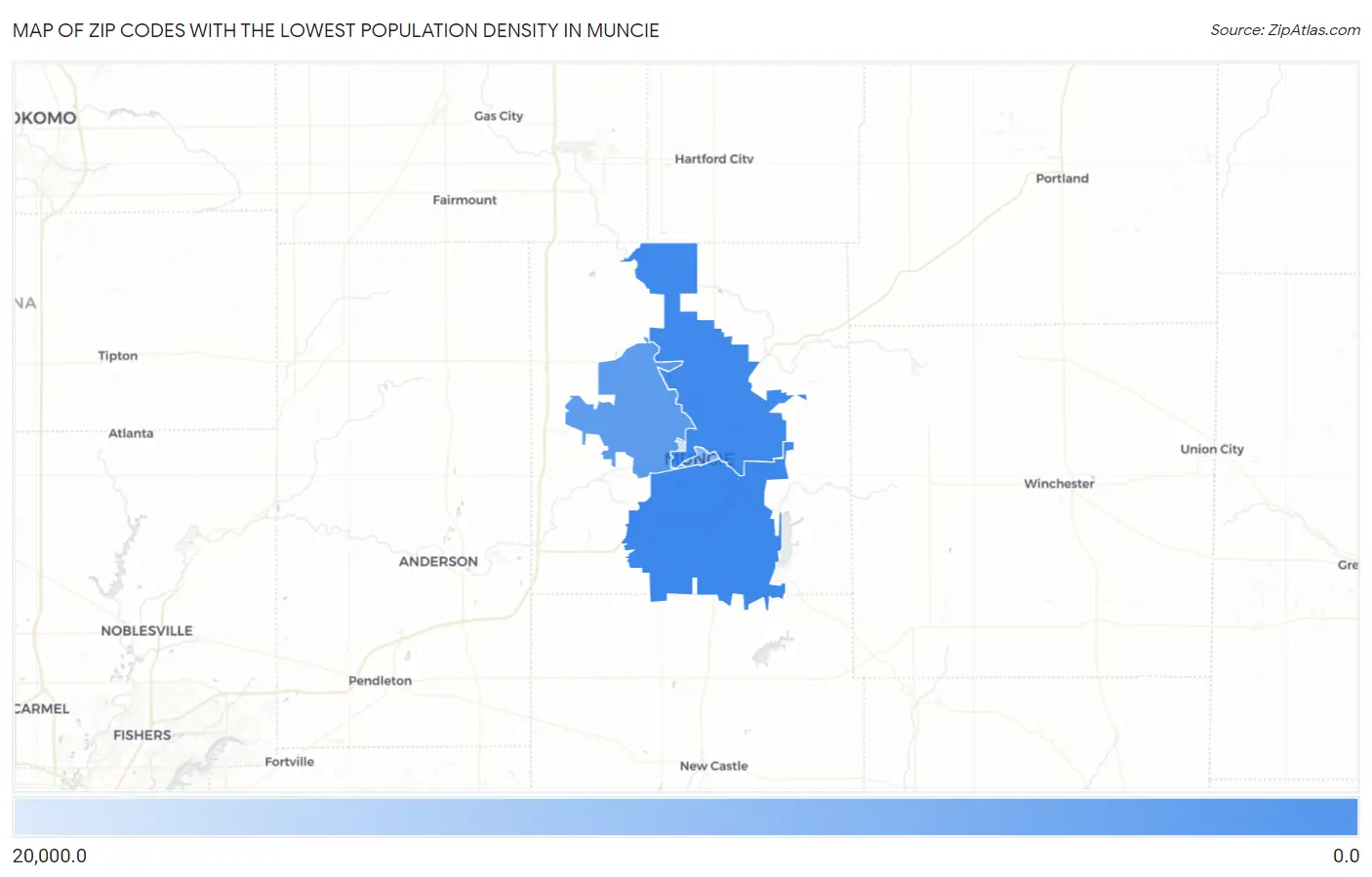 Zip Codes with the Lowest Population Density in Muncie Map