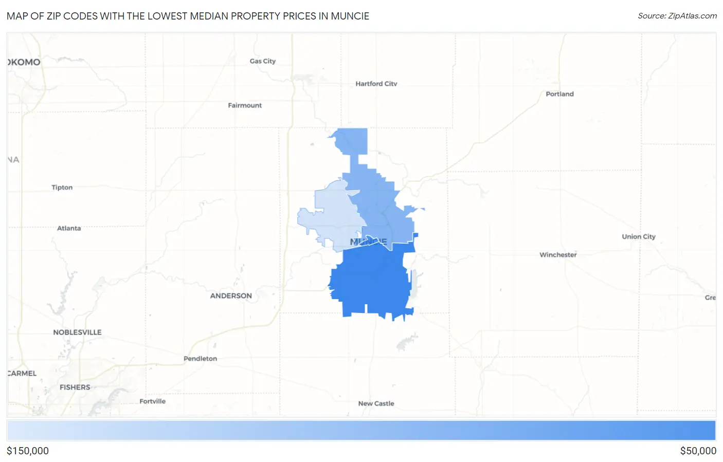 Zip Codes with the Lowest Median Property Prices in Muncie Map
